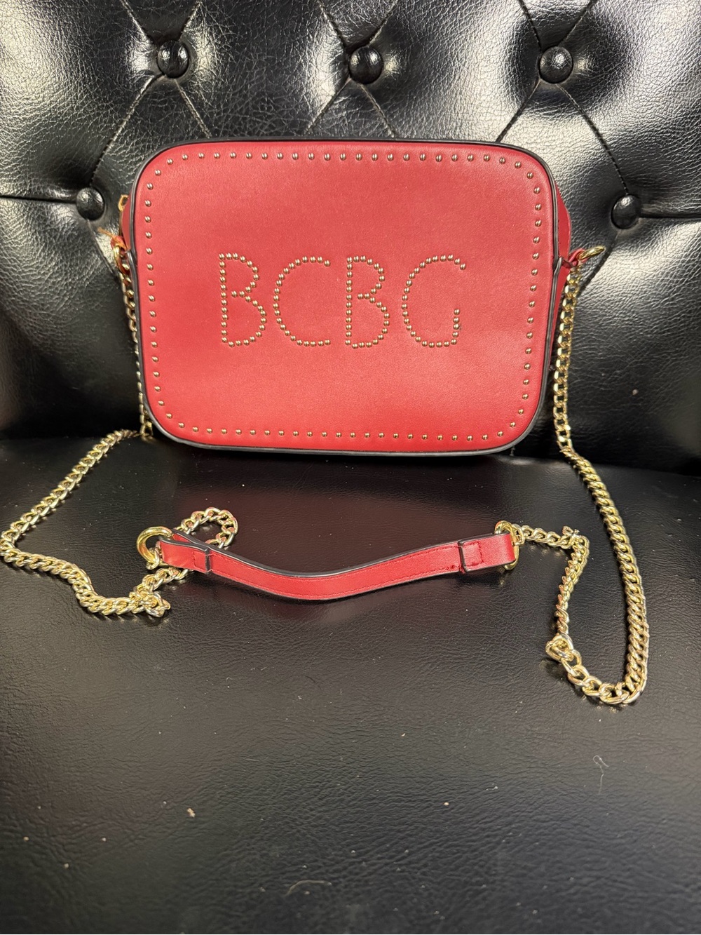 BCBG Red Studded Logo Crossbody with Gold Chain